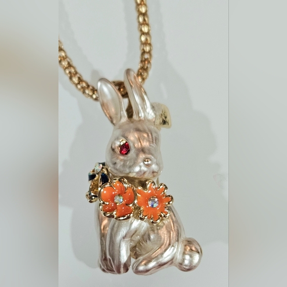 Betsey Johnson Gold Rabbit Pendant‎ with Orange Floral Accents Necklace - Picture 2 of 6